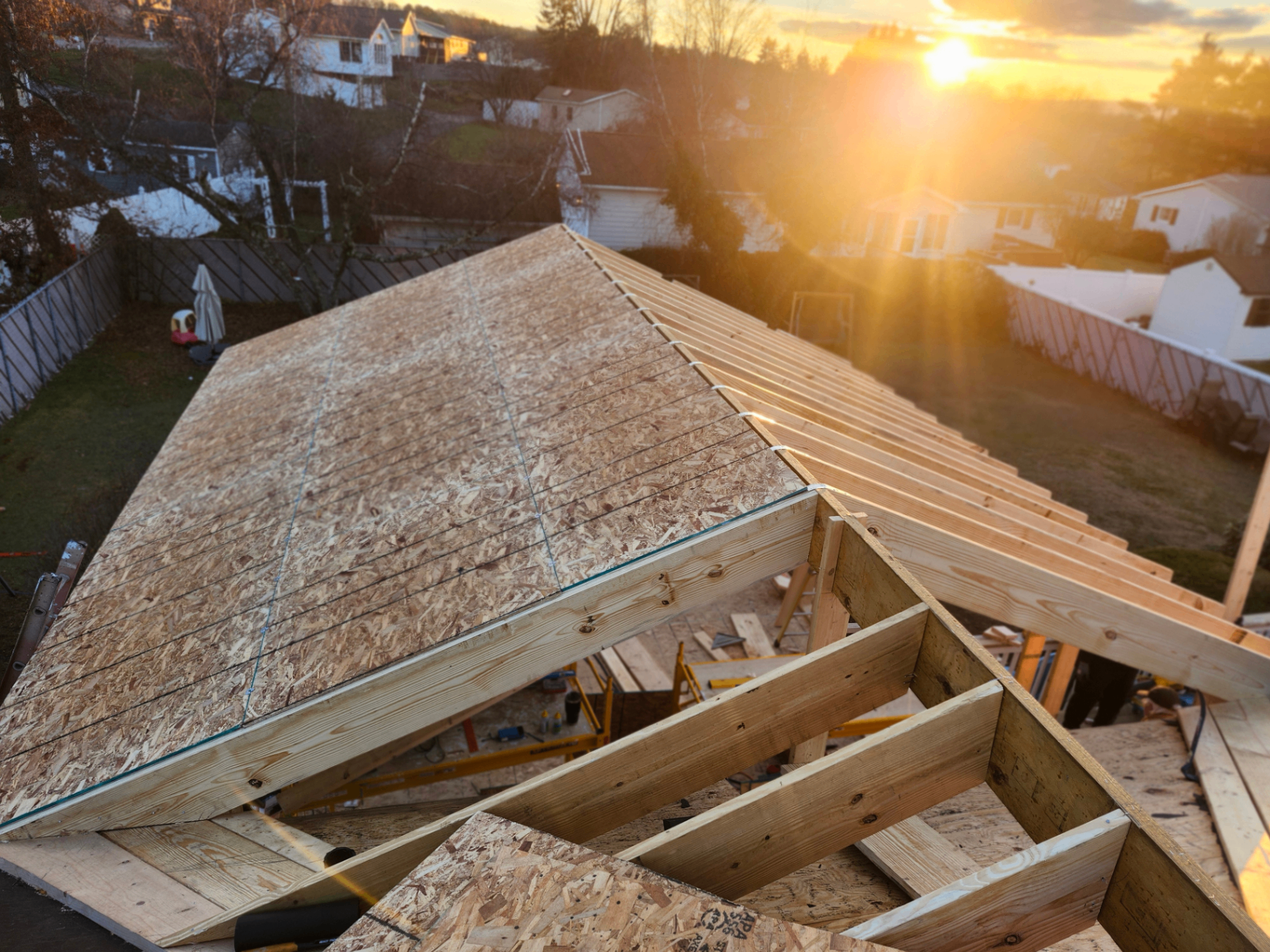 Roof framing at sunset